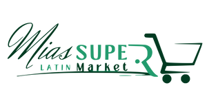Logo of Mias Super Latin Market with a shopping cart icon on a white background
