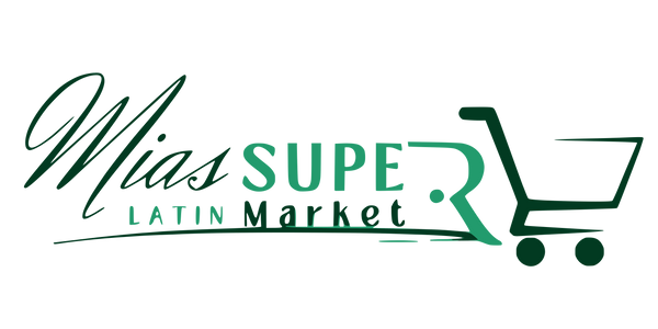 Logo of Mias Super Latin Market with a shopping cart icon on a white background